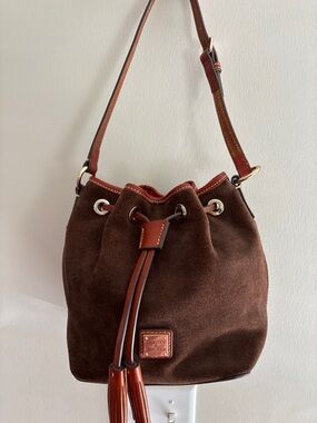 Dooney & Bourke Brown Suede Drawstring Hobo with Leather Trim